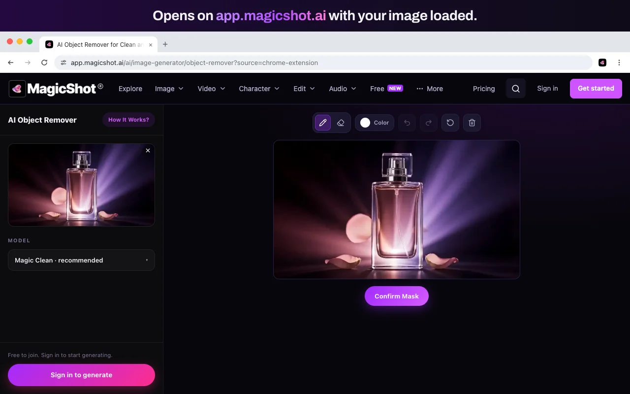 The Object Remover open on app.magicshot.ai with the right-clicked photo already loaded