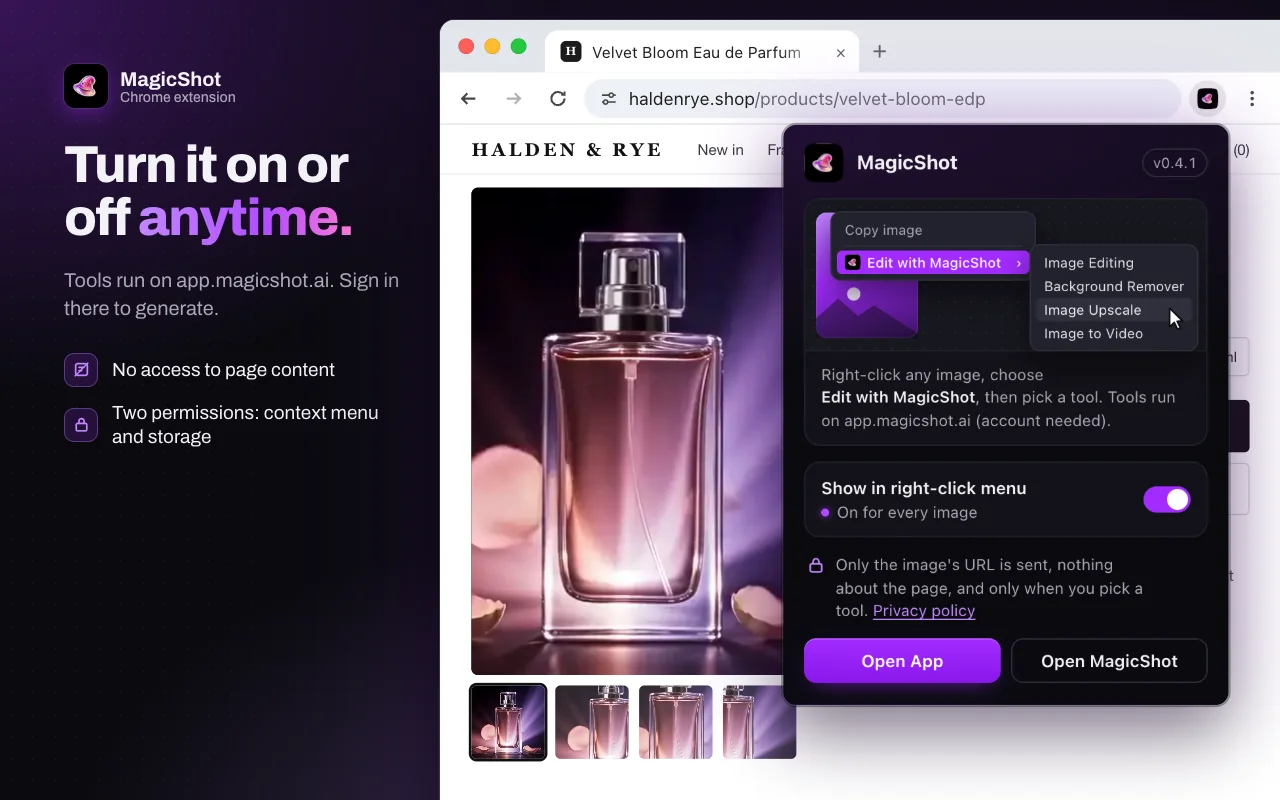 The MagicShot extension popup in Chrome, with the right-click menu switch turned on