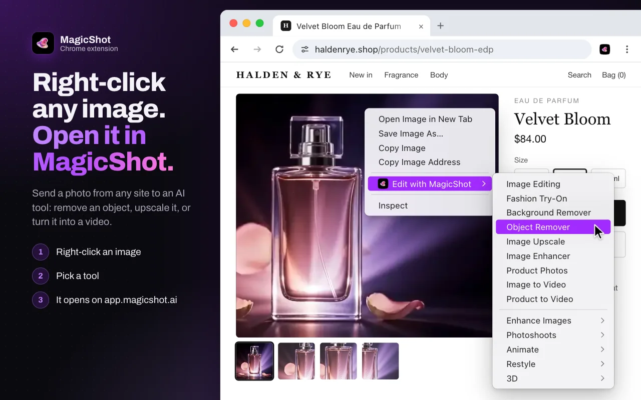 Right-clicking a product photo in Chrome opens Edit with MagicShot and a list of tools